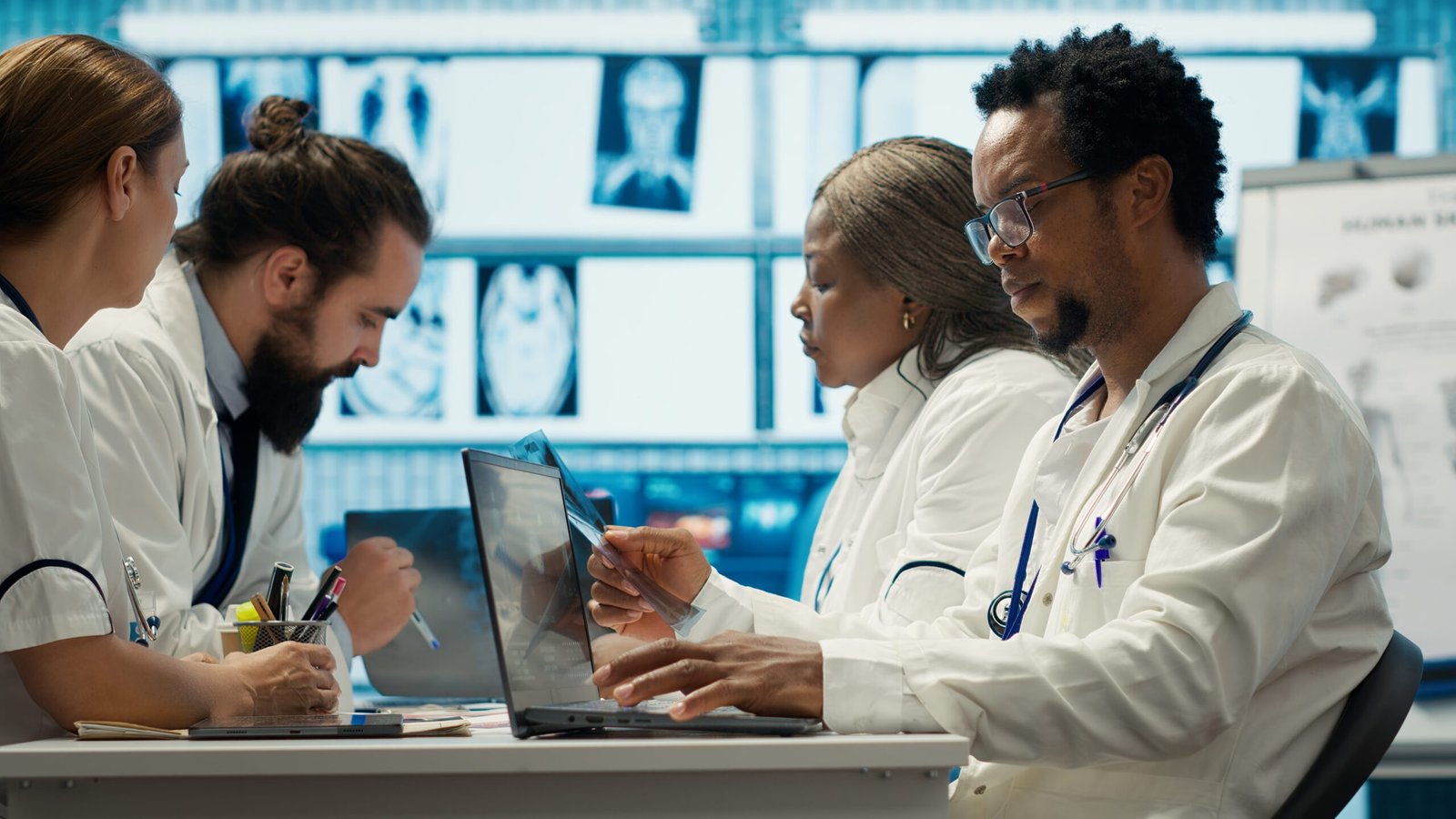 Physicians examining x ray scan results in a meeting with the staff Physicians examining x ray scan results in a meeting with the staff, working to develop treatment plans. Doctors doing collective work for diagnostics control, healthcare industry. Camera A.